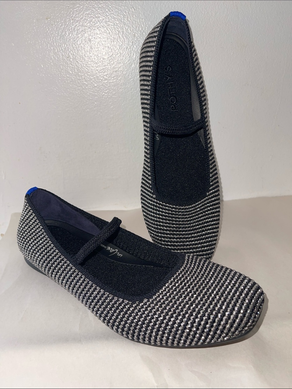 Rothy's The Max Square Mary Jane Star Stude Knit Flats in black and silver Sz 7